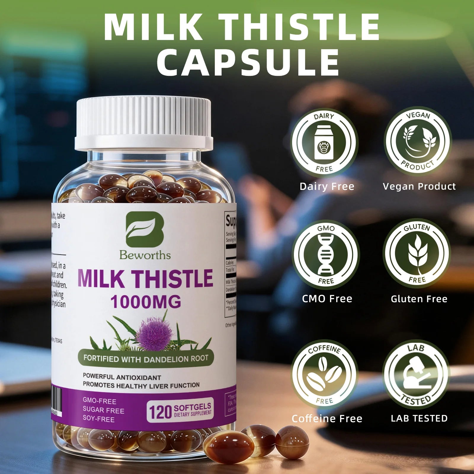 BEWORTHS Milk Thistle Extract Capsule for Liver Health Detox Liver Function Health Skin Care Gut Wellness Gluten Free Vegan