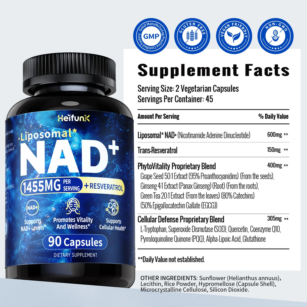 NAD+ Anti Aging Cell Booster Resveratrol Supplement Capsules with Niacinamide Support Cellular Health for Men & Women, Non-GMO