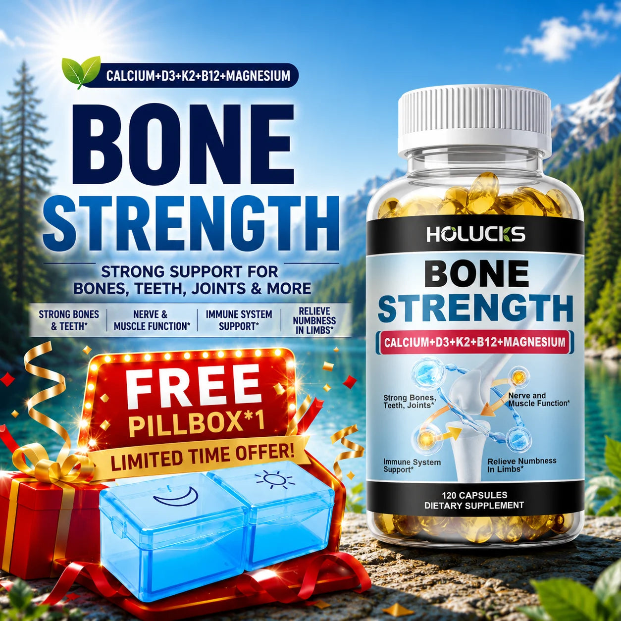 Bone Strength Complex with Calcium, D3, K2 & Magnesium, Supports Healthy Bones, Joint Mobility & Muscle Function for Adults