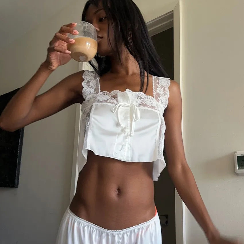 Summer Women Pajama Sleeveless Crop Top Sleepwear Set Wide Leg Pants Lace Trim Loungewear Set Breathable Lightweight Pajamas