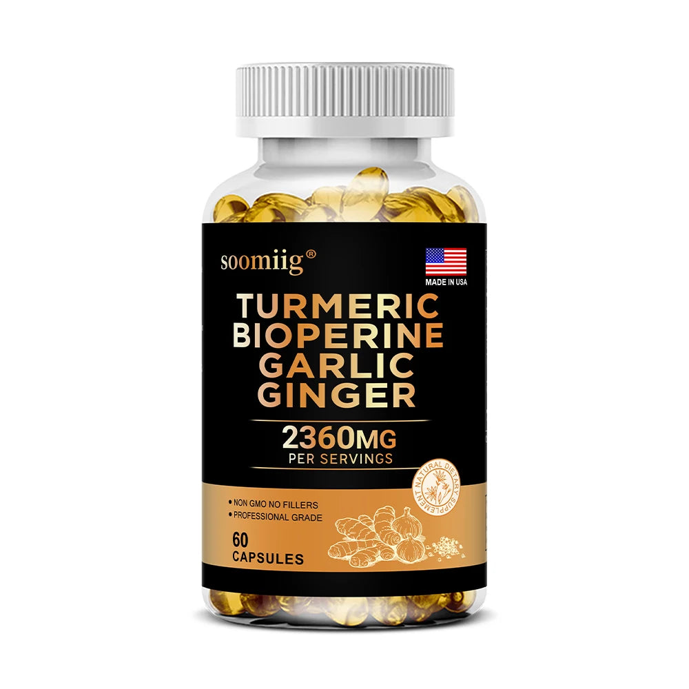 4-in-1 Turmeric and Garlic Supplements with Bioperine 2360 mg, Ginger Root Capsules for Joint, Digestion & Immune Health Support