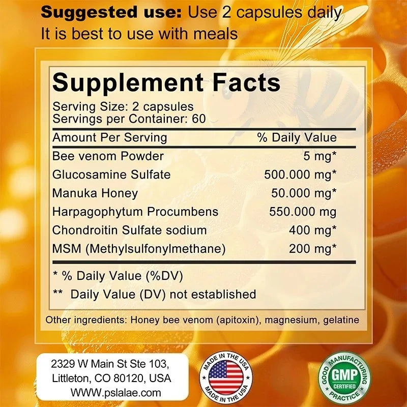 Natural Bee Venom Extract Capsules - Glucosamine Chondroitin Supplement Relieves Joint Pain and Stiffness, Promotes Bone Health