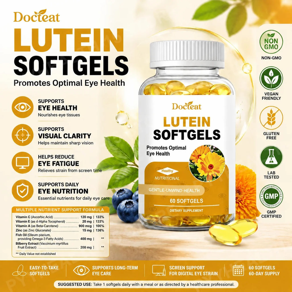 Docteat Lutein Zeaxanthin Softgels with Bilberry Fish Oil Astaxanthin,Eye Health Daily Wellness Supplement for Adults60 Softgels