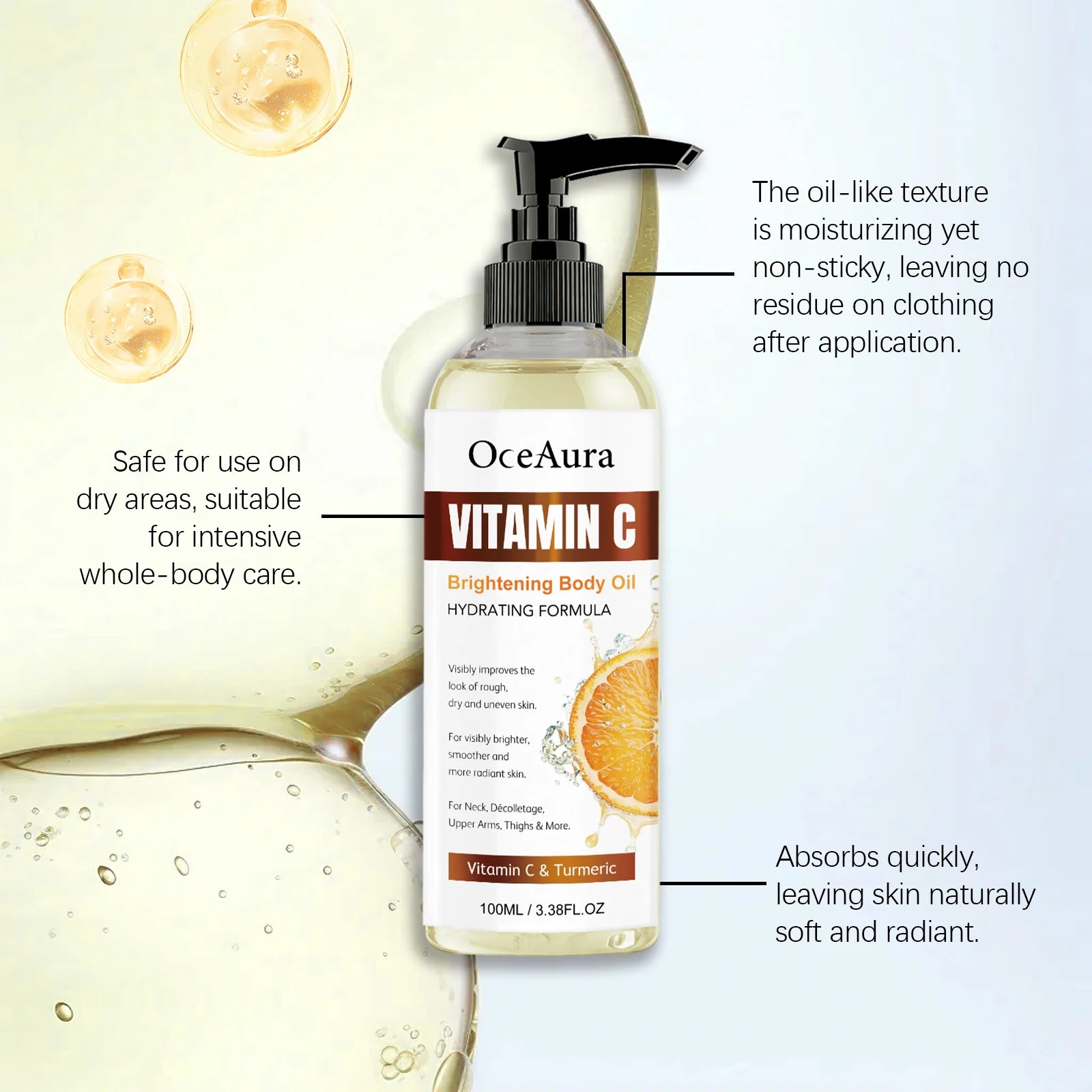 OceAura 100ml Vitamin C Skin Care Body Oil Moisturizes Skin Smooth, Moist and Shiny Skin Care Body Oil