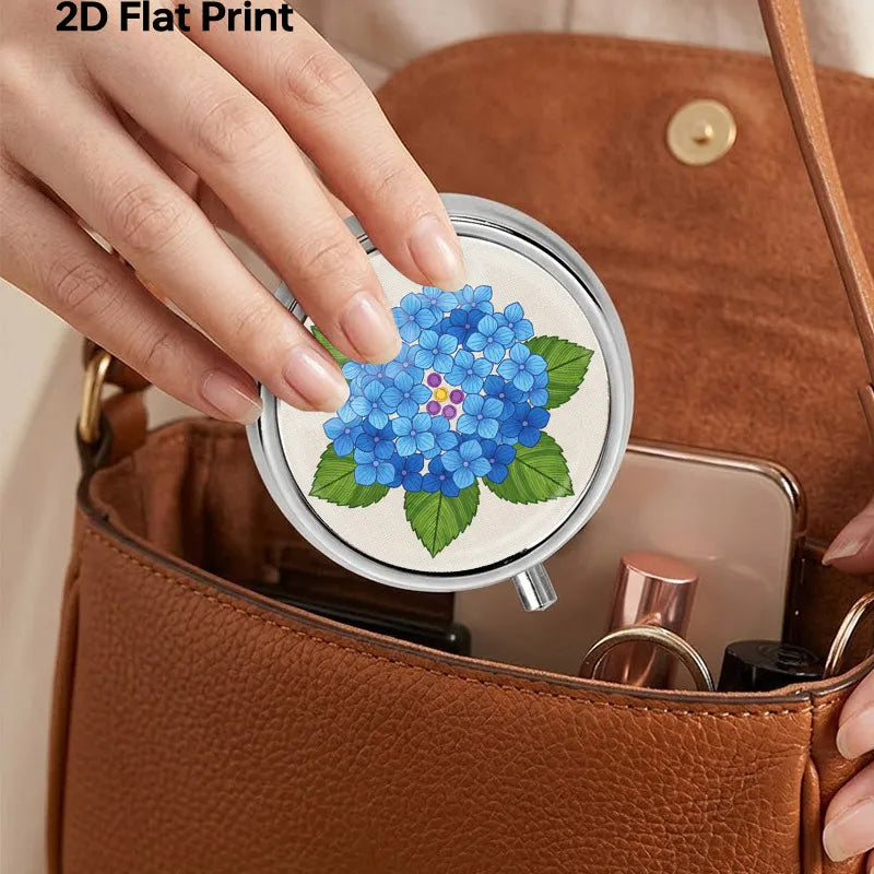 Portable Mini Metal Pill Box Blue Hydrangea Floral 3 Compartment Medicine Case Travel Pill Organizer Small Pocket Vitamin Storage Holder for Purse Floral Pattern Medicine Dispensing Container Compact Durable Health Care Gift for Women Mom