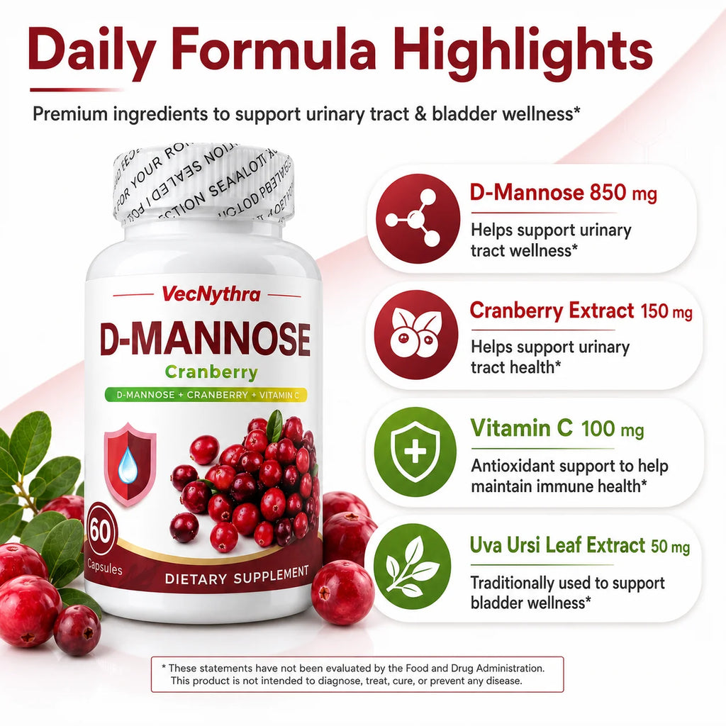 VecNythra Cranberry D-Mannose Supplement with Vitamin C Uva Ursi Leaf Extract for Women 60 Capsules 30 Day Supply