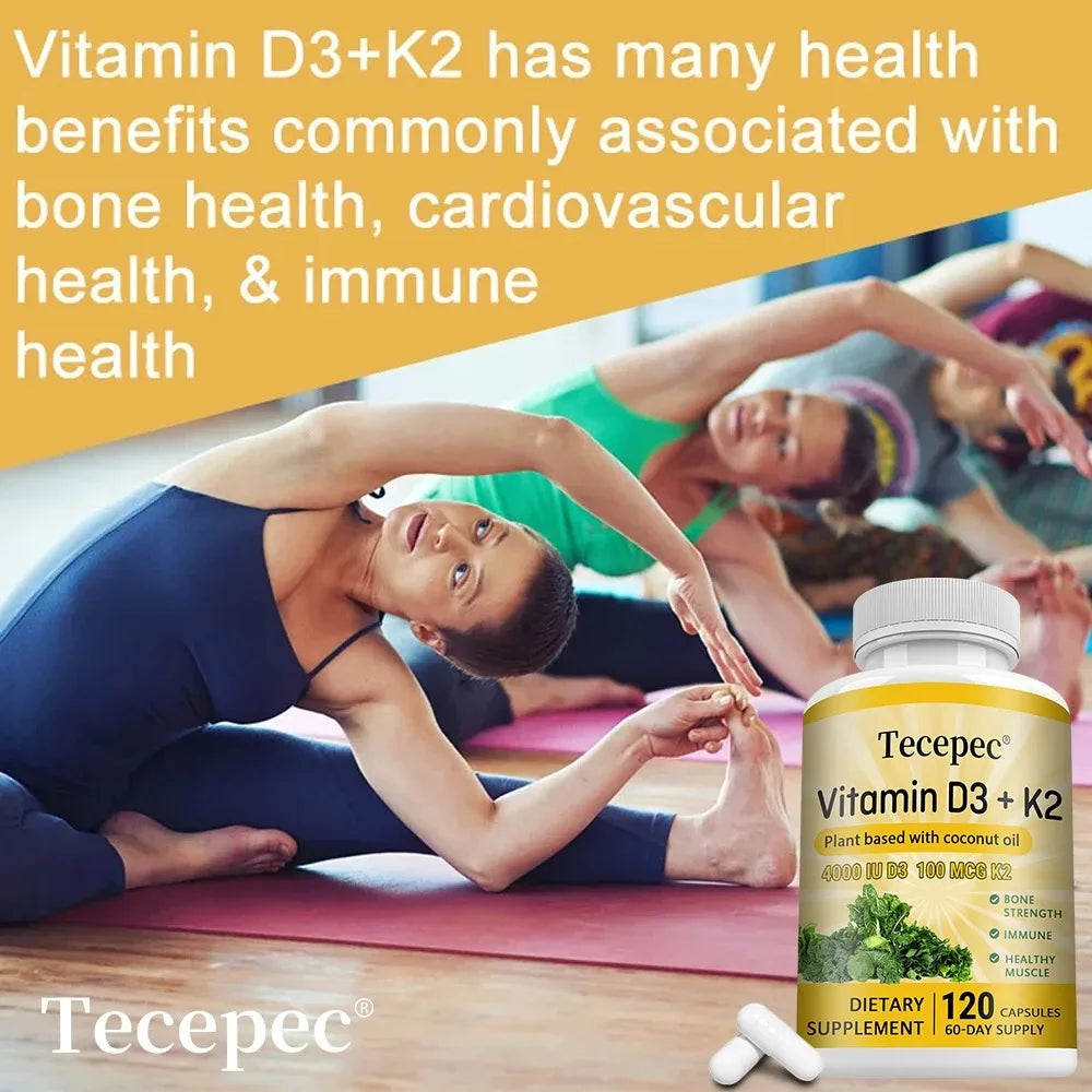 Vitamin D3 + K2, Supports Bone, Teeth, Digestion, Immune & Heart Health, Non-GMO, Dietary Supplement, 120 Capsules