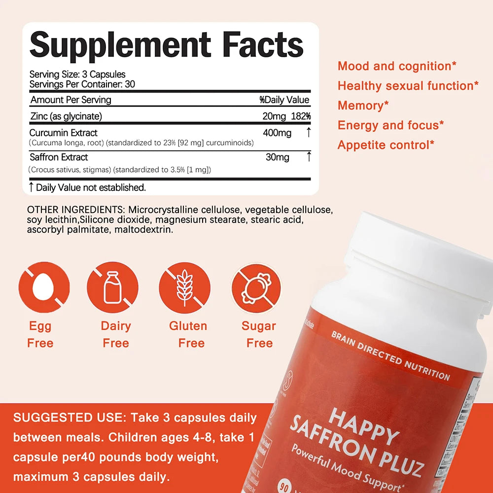 Happy Saffron Supplements Saffron Extract for Mood & Memory, Eye Health - Joint Supplement for Women & Men - 90 Vegan Capsules