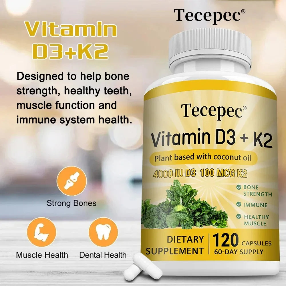 Vitamin D3 + K2, Supports Bone, Teeth, Digestion, Immune & Heart Health, Non-GMO, Dietary Supplement, 120 Capsules
