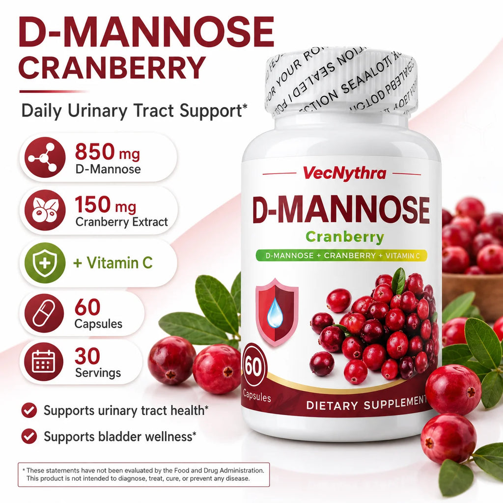 VecNythra Cranberry D-Mannose Supplement with Vitamin C Uva Ursi Leaf Extract for Women 60 Capsules 30 Day Supply
