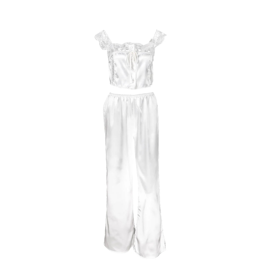 Summer Women Pajama Sleeveless Crop Top Sleepwear Set Wide Leg Pants Lace Trim Loungewear Set Breathable Lightweight Pajamas