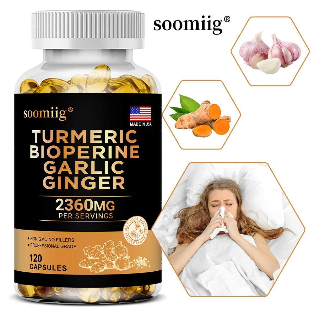 4-in-1 Turmeric and Garlic Supplements with Bioperine 2360 mg, Ginger Root Capsules for Joint, Digestion & Immune Health Support