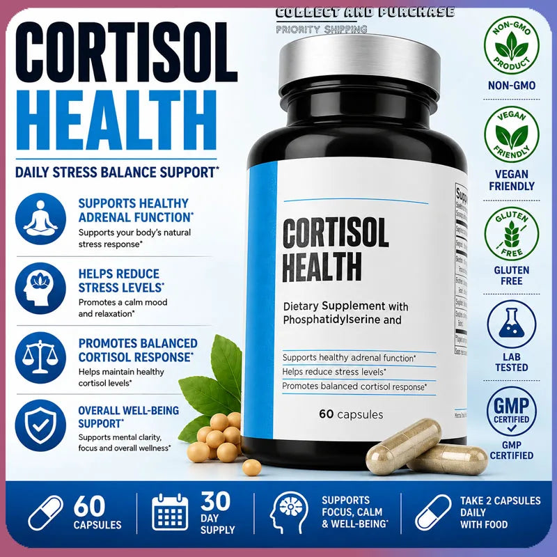 60 Capsules Cortisol Health Supplement with Phosphatidylserine & Magnesium Non-GMO Daily Adult Men Women Calm Sleep Support