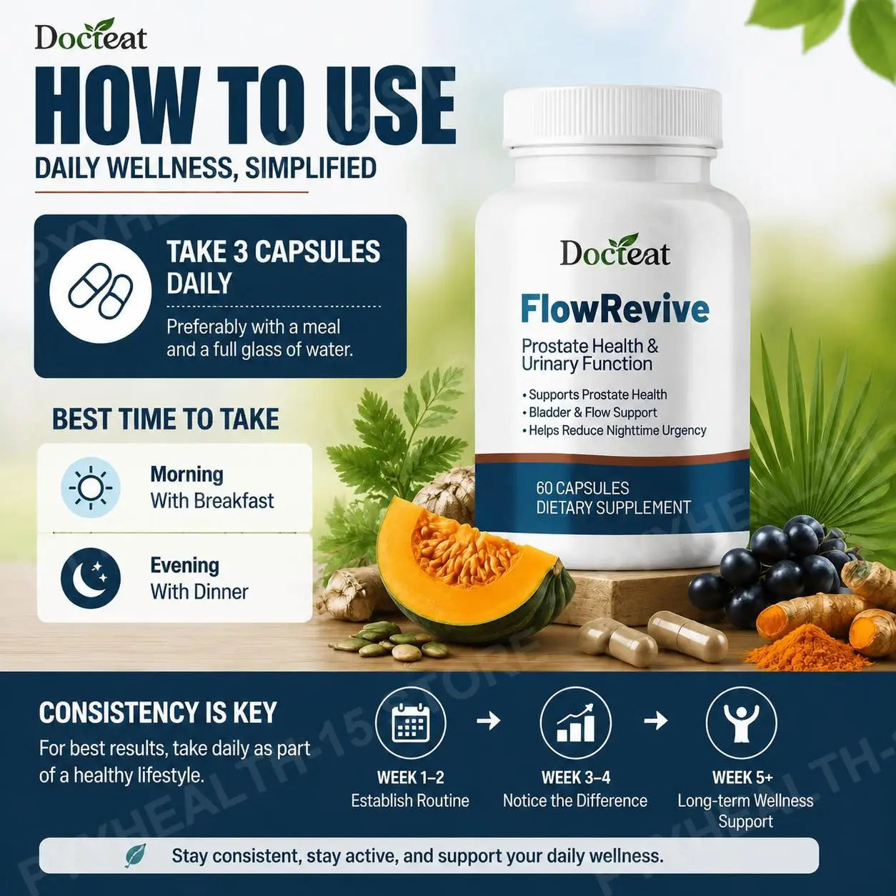 Docteat FlowRevive Men’s Saw Palmetto Prostate Health Supplement with Beta Sitosterol Pygeum Quercetin Curcumin 60 Capsules