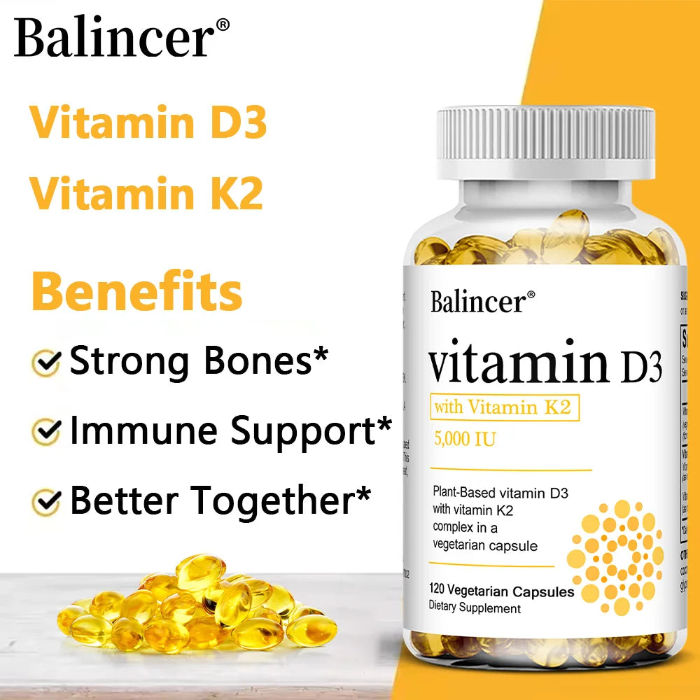 Vitamin D3 5000IU+ K2 (MK7) 1100mcg Capsules - Bone Teeth Joint Heart Circulation & Immunity System Health Support, Vegan