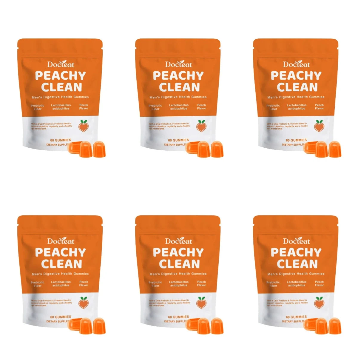 Docteat Peachy Clean Men's Digestive Health Gummies Prebiotic & Probiotic Blend Peach Flavor 60 Gummies Dietary Supplement