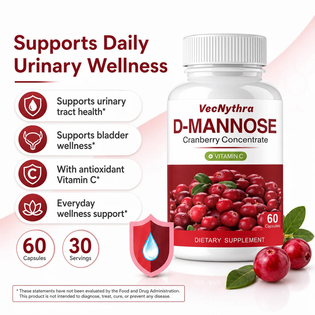 VecNythra Cranberry D-Mannose Supplement with Vitamin C Uva Ursi Leaf Extract for Women 60 Capsules 30 Day Supply
