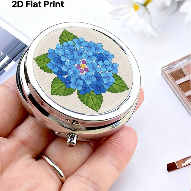 Portable Mini Metal Pill Box Blue Hydrangea Floral 3 Compartment Medicine Case Travel Pill Organizer Small Pocket Vitamin Storage Holder for Purse Floral Pattern Medicine Dispensing Container Compact Durable Health Care Gift for Women Mom