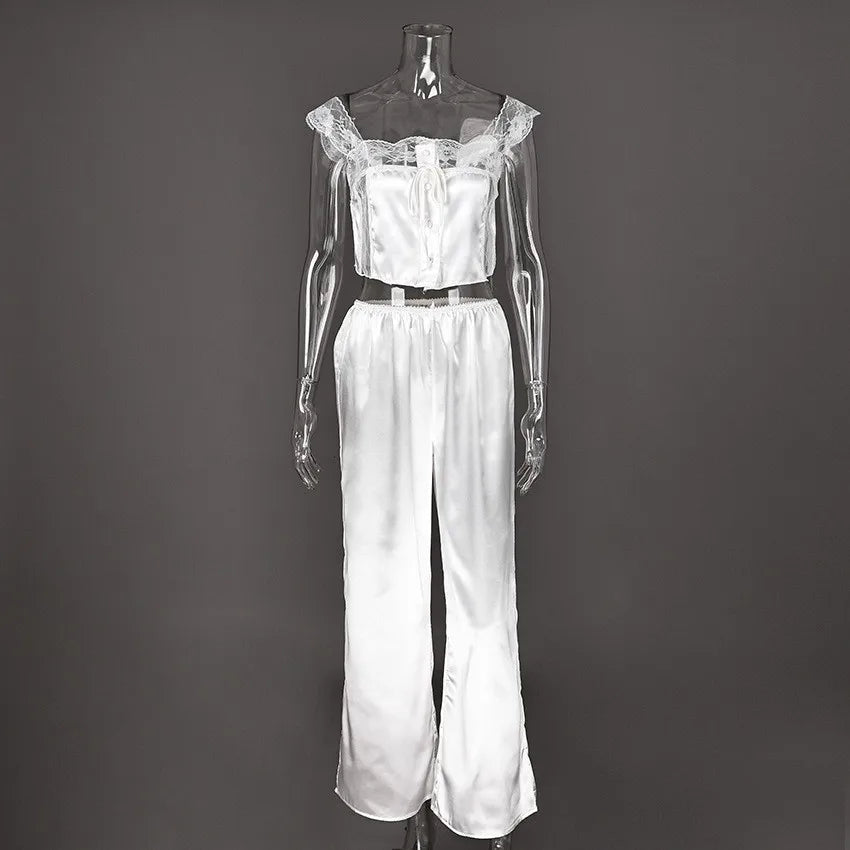 Summer Women Pajama Sleeveless Crop Top Sleepwear Set Wide Leg Pants Lace Trim Loungewear Set Breathable Lightweight Pajamas