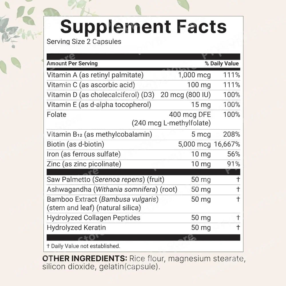 Hair Vitamins Complex Capsules 60 Count Hair Growth Health Support Dietary Supplement with Biotin for Women Men Daily Care