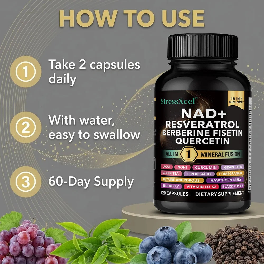 NAD+ Supplement with Resveratrol Quercetin Berberine, Boost NAD Levels, Anti-Aging, Cellular Energy & Heart Health, Antioxidant