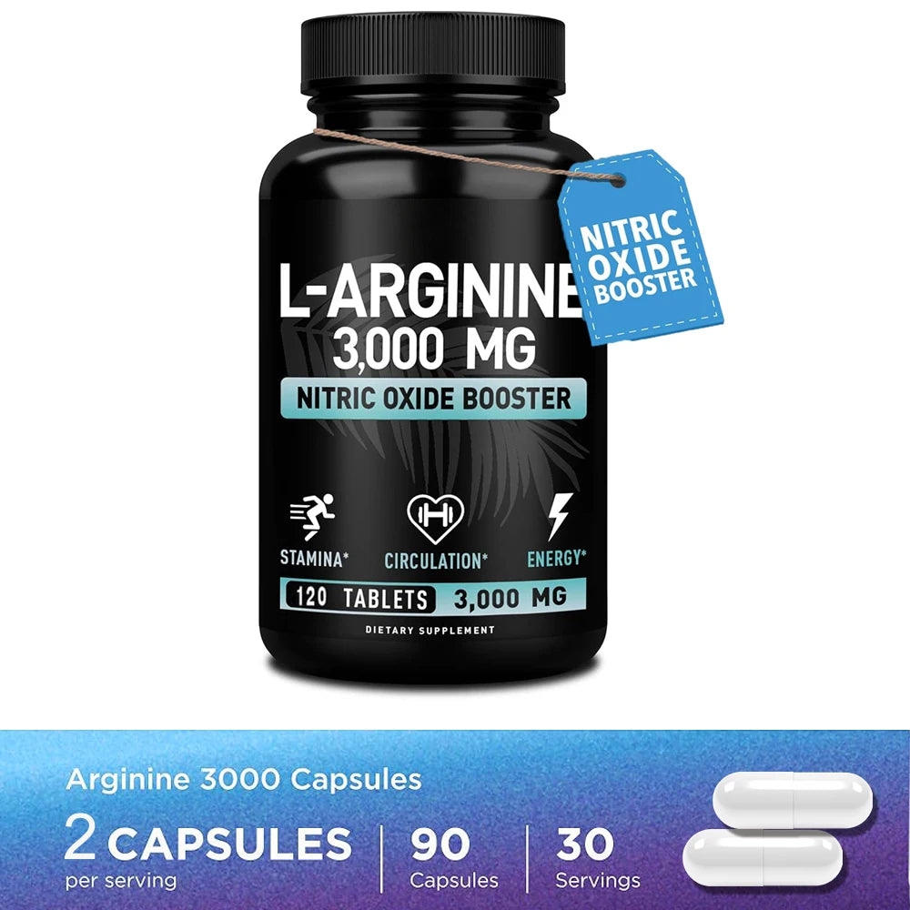 L Arginine 3000mg for Men Women, Muscle Mass Supplement for Endurance, Energy and Heart Health Support During Exercise, Non-GMO