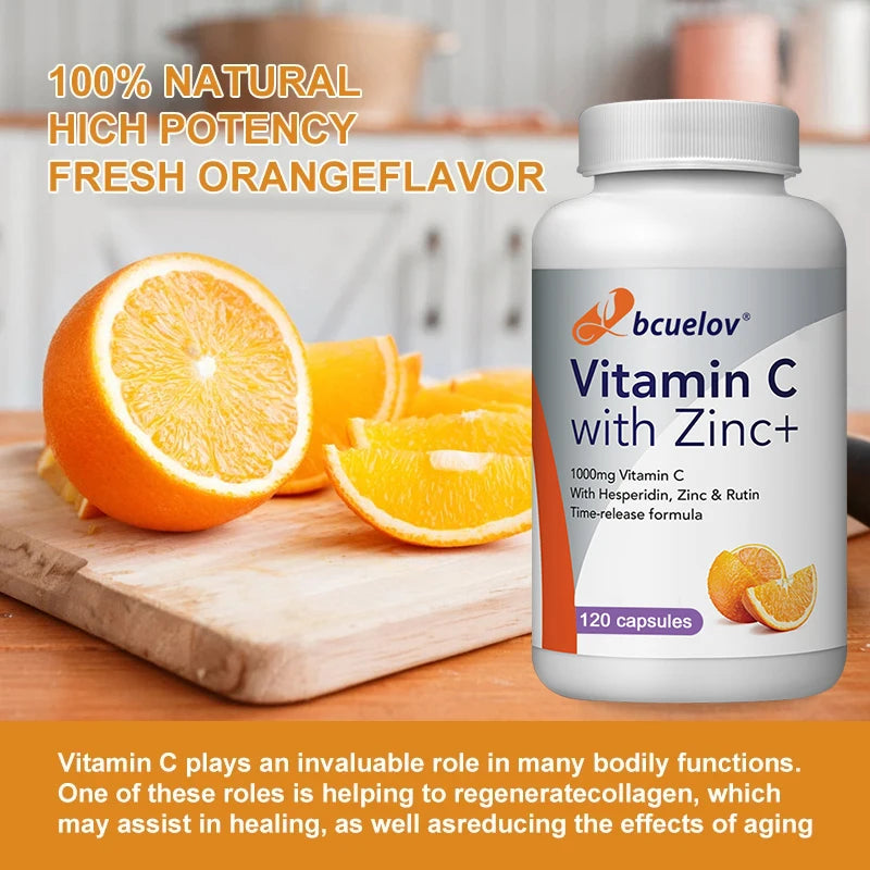 Organic Vitamin C + Zinc Capsules, High Absorption Immune Support, Antioxidant, Collagen Health Supplement - 30/60/120 Counts