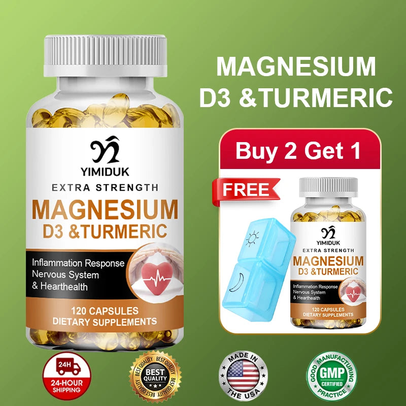 Magnesium Supplement, with Vitamin D3 & Turmeric, Supports Heart Health, Nervous System & Circulatory Function for Men Women