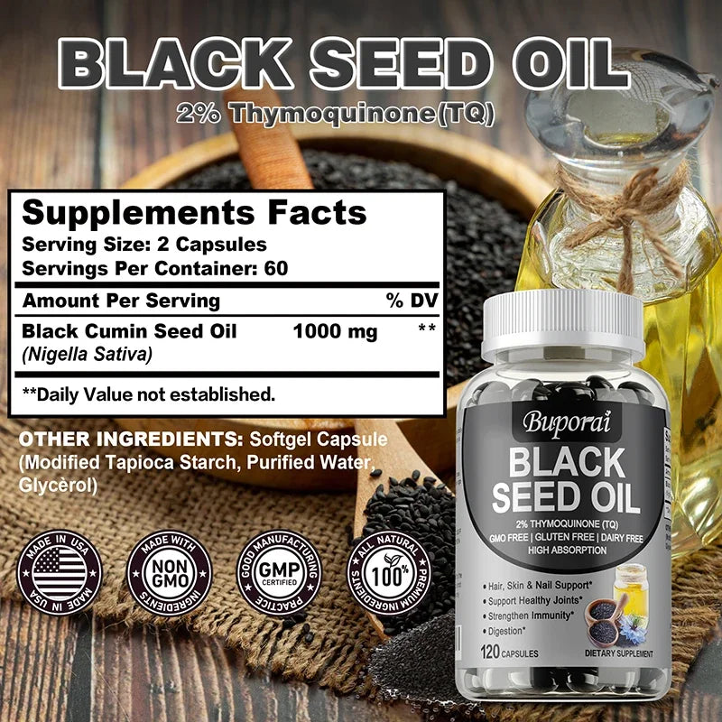 Premium Black Seed Oil 120 Capsules - Support Overall Health | Immune System Support, Non-GMO, Gluten-Free Supplement