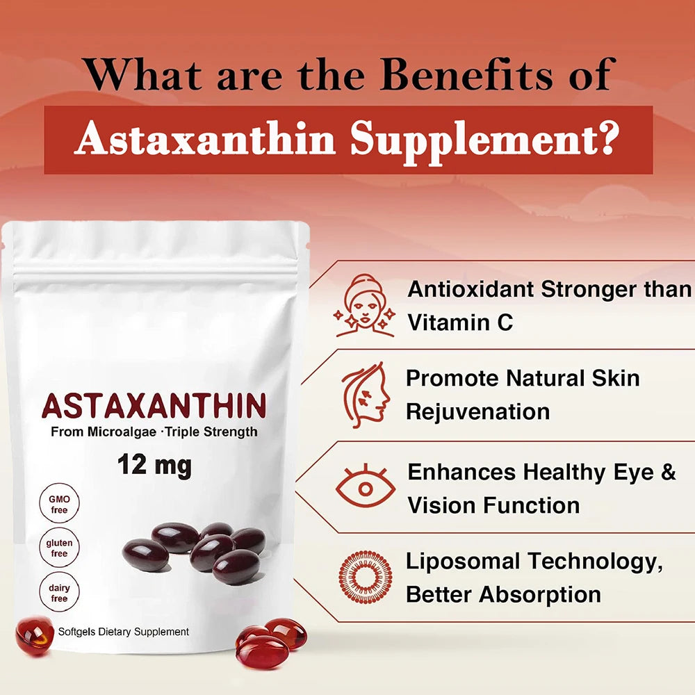 Astaxanthin 12mg, Premium Astaxanthin Antioxidant Supplements with Antioxidant Activity, Supports Eye, Immune, Skin Health