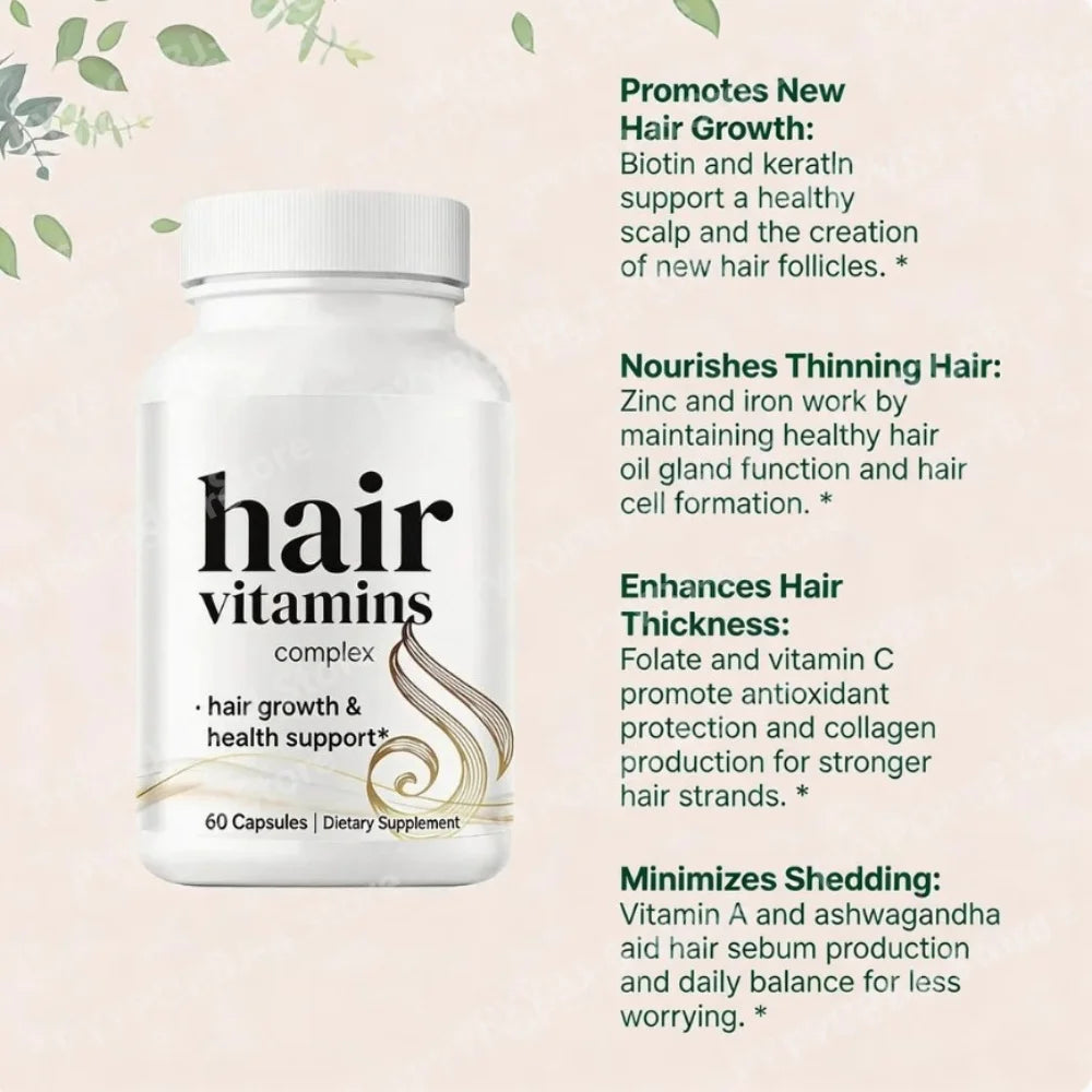 Hair Vitamins Complex Capsules 60 Count Hair Growth Health Support Dietary Supplement with Biotin for Women Men Daily Care