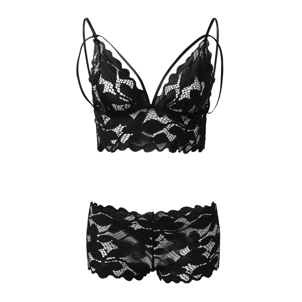 Women Strappy Floral Lace Lingerie Set V Neck Bra High Waist Panty Bow Sheer Mesh Intimate Sleep Honeymoon Bedroom Outfit