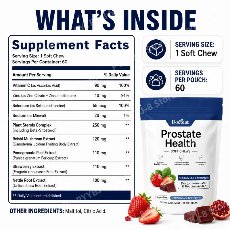 Men's Daily Prostate Health Supplement – Plant Sterols Beta-Sitosterol Zinc Vitamin C Selenium 60 Soft Chews Pomegranate-Berry