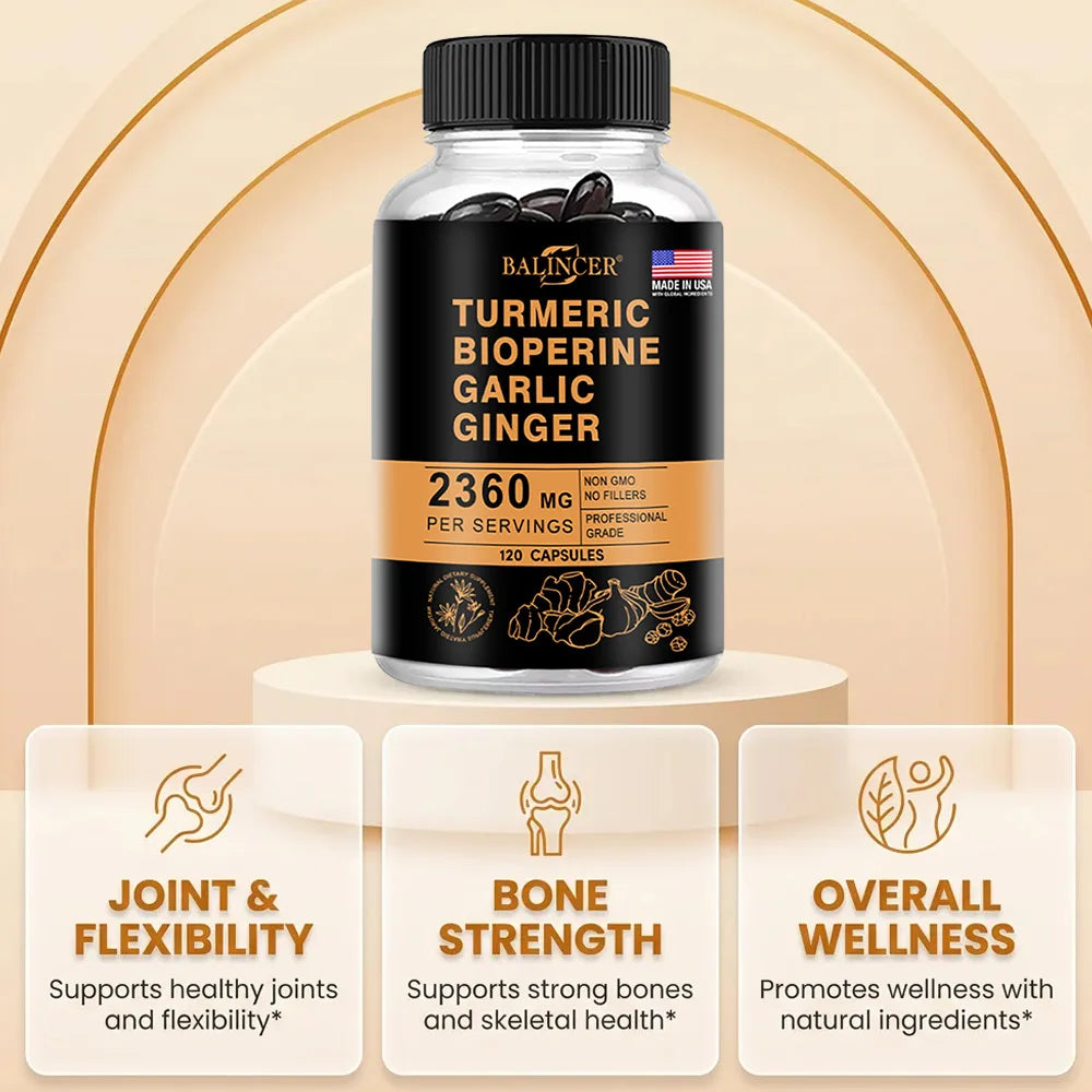 Turmeric Ginger Capsules 2360mg with Curcumin 95%, Garlic & Black Pepper, Joint Support, Digestion & Immune Health Supplement
