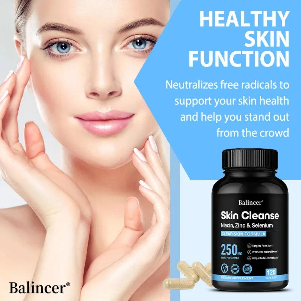 Skin Cleanse Supplements for Men, Women & Teens – Niacin, Zinc & Selenium, Skin Health & Immune Support – 120 Vegan Capsules
