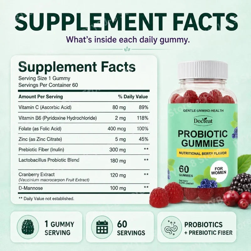 Women Probiotic Gummies 60 Count with Prebiotics Vitamin B6+C and Zinc Supports Digestive Balance & Immune Function Health