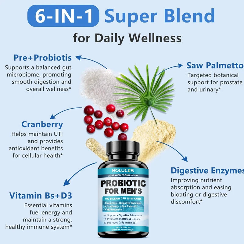 HOLUCKS Men's Probiotic Supplement with Prebiotics & Enzymes, Support Gut Health, Immune System & Daily Overall Wellness for Men