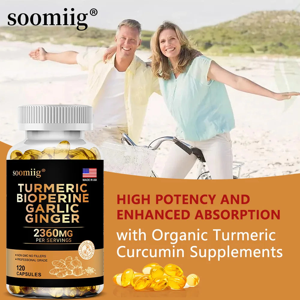 4-in-1 Turmeric and Garlic Supplements with Bioperine 2360 mg, Ginger Root Capsules for Joint, Digestion & Immune Health Support
