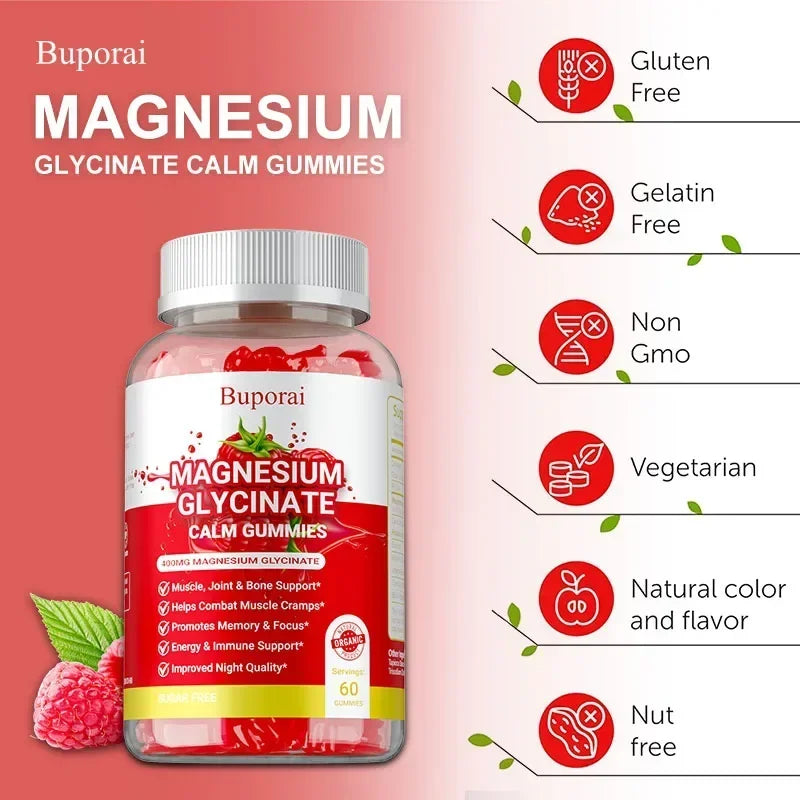 Magnesium Glycinate Gummies - Dietary Supplement, Promotes Muscle, Joint & Bone Health, Relieves Muscle Cramps, Natural Sleep