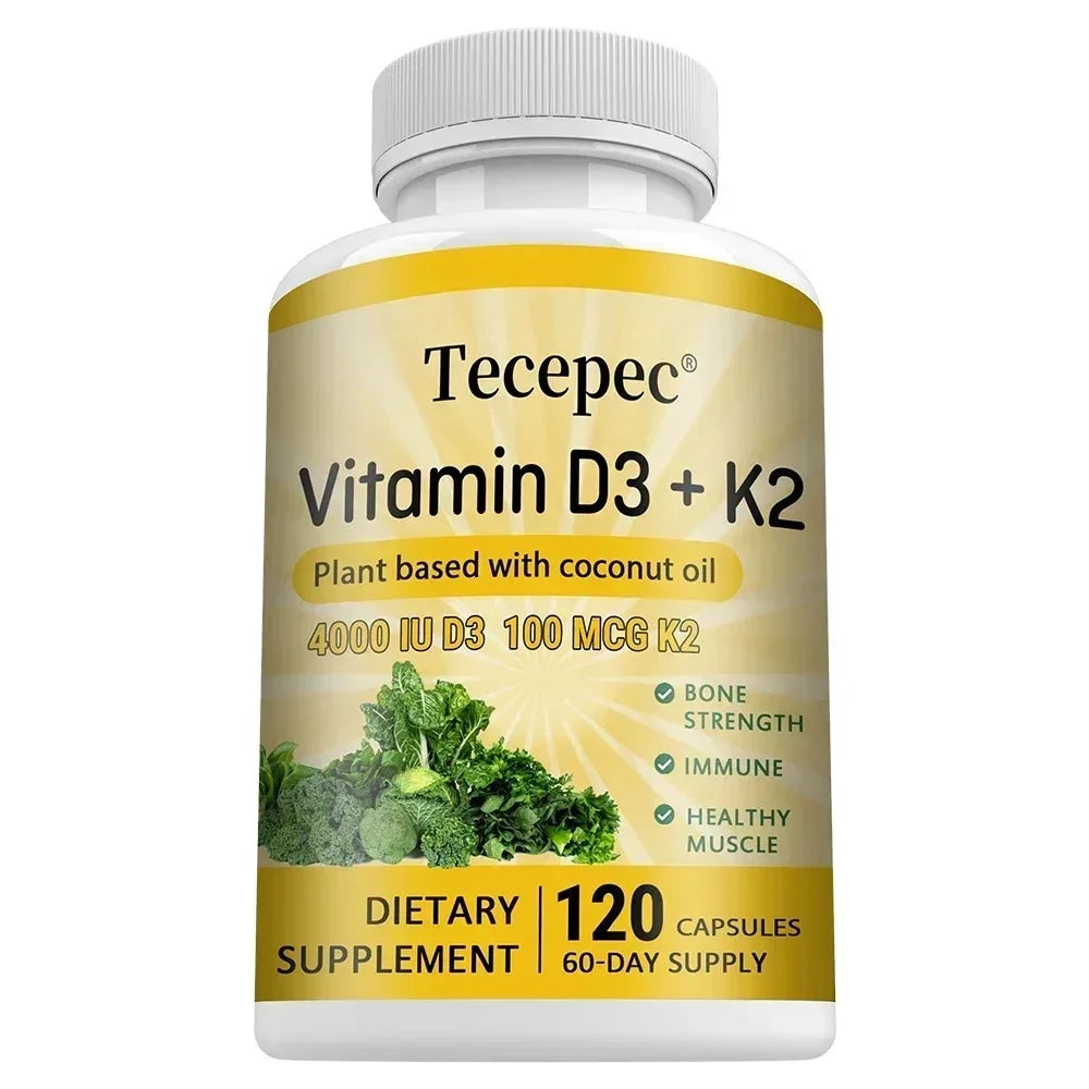 Vitamin D3 + K2, Supports Bone, Teeth, Digestion, Immune & Heart Health, Non-GMO, Dietary Supplement, 120 Capsules