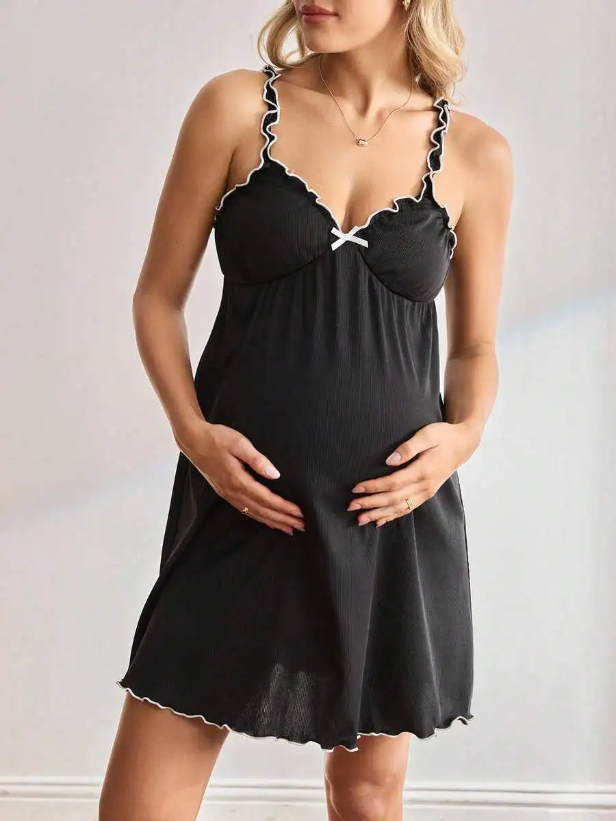 Maternity Nursing Nightgown With Ruffle Trim And Bowknot Detail