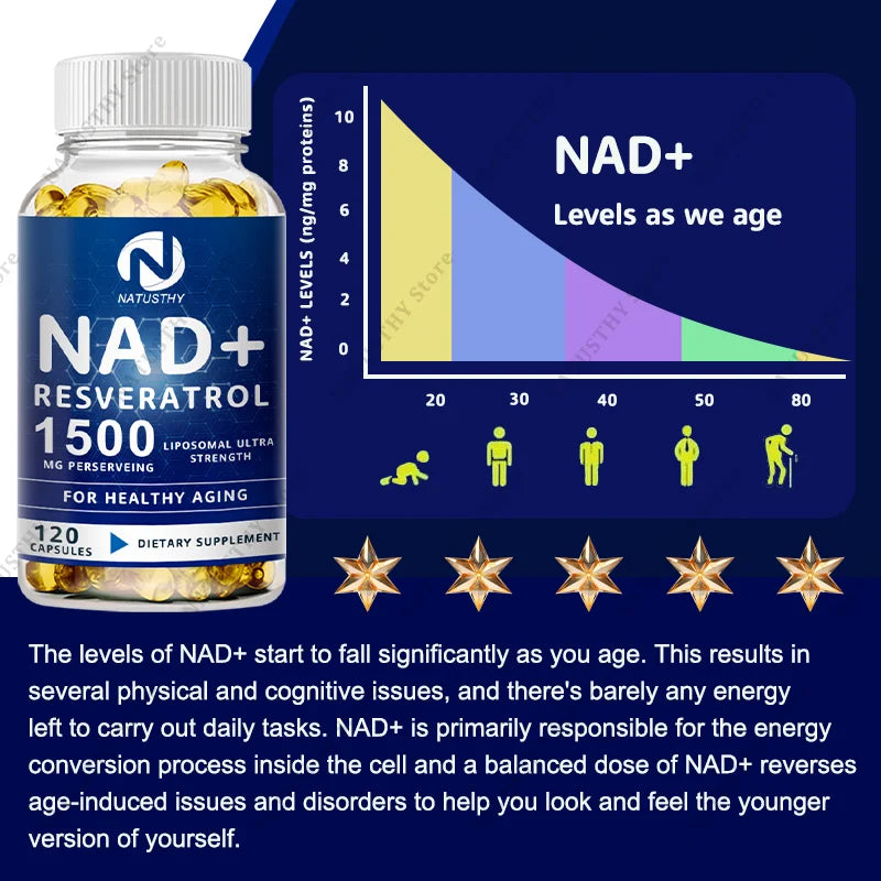 NAD Capsules Supplements - With Trans-Resveratrol, Natural Energy, Anti-aging & Cellular Health, Strengthens The Immune System
