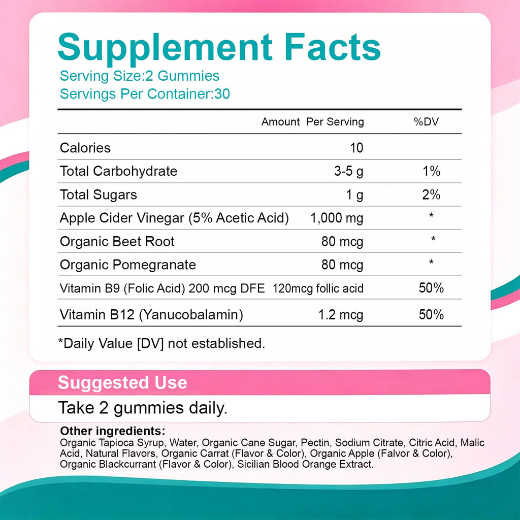 Apple Cider Vinegar Gummies Dietary Supplement with B9 B12 & Organic Beetroot Extract for Adults, Support Healthy Weight Management