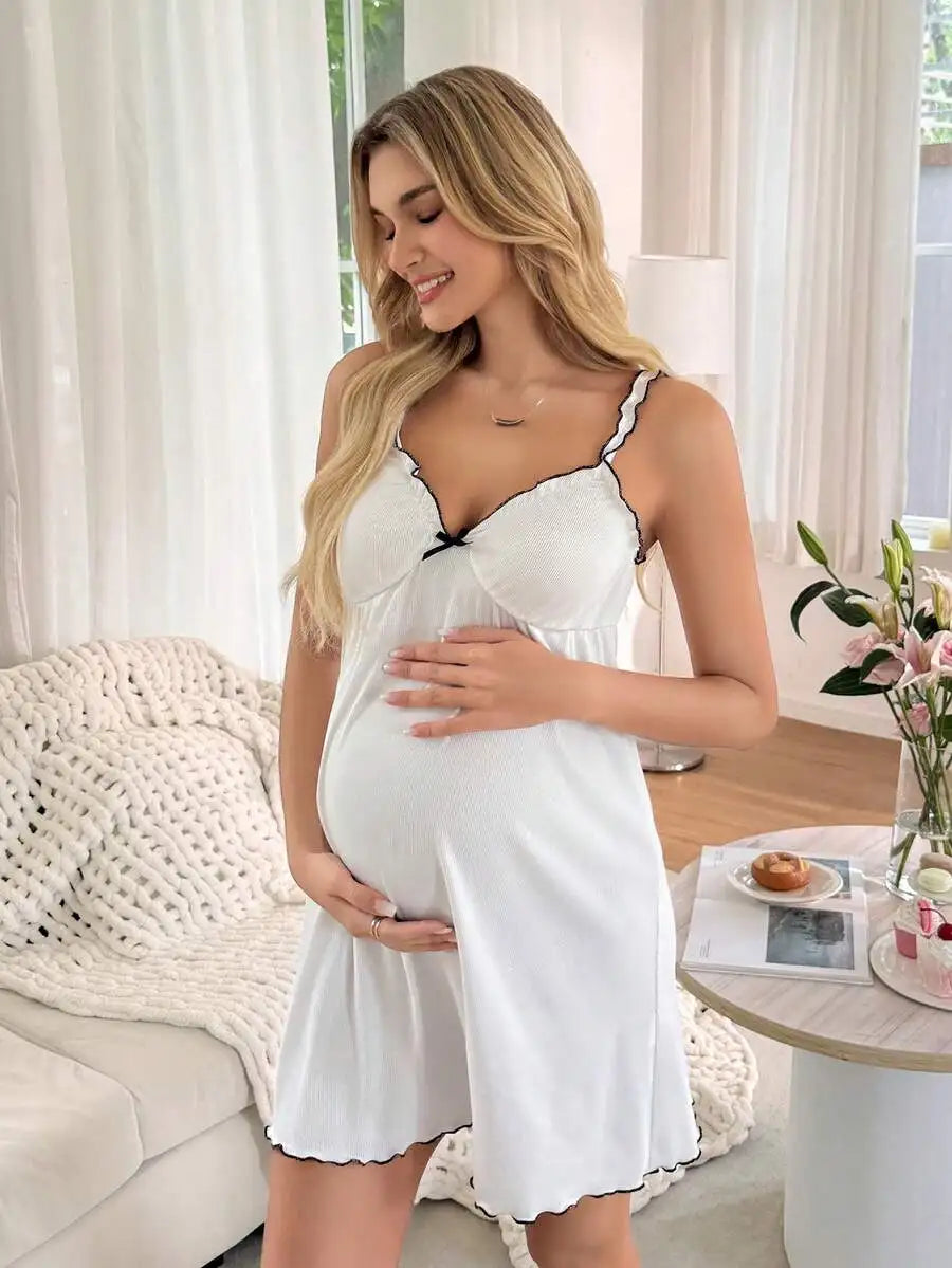 Maternity Nursing Nightgown With Ruffle Trim And Bowknot Detail