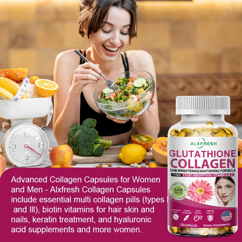 Multi Collagen Pills with Hyaluronic Acid + Vitamin C | Hydrolyzed Collagen Glutathione | for Women & Men Skin Nail Hair Health