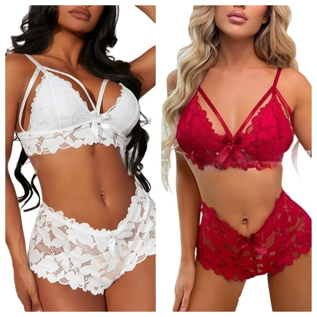 Women Strappy Floral Lace Lingerie Set V Neck Bra High Waist Panty Bow Sheer Mesh Intimate Sleep Honeymoon Bedroom Outfit