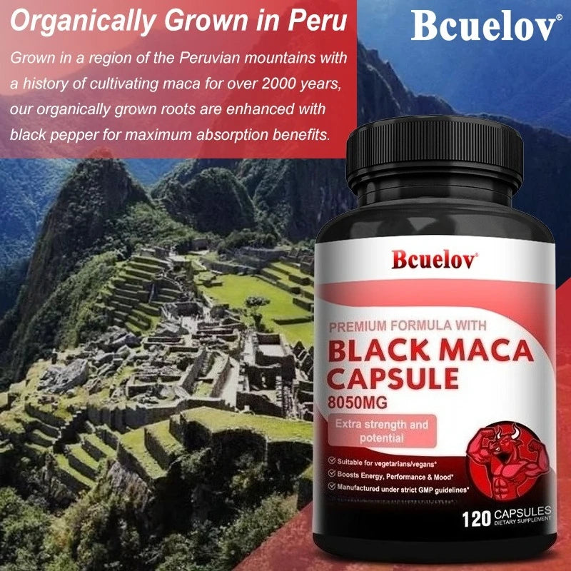 Powerful Black Maca Supplement for Men and Women, Improve Energy, Endurance, Muscle Mass Health, Maca Root Vegan Capsule