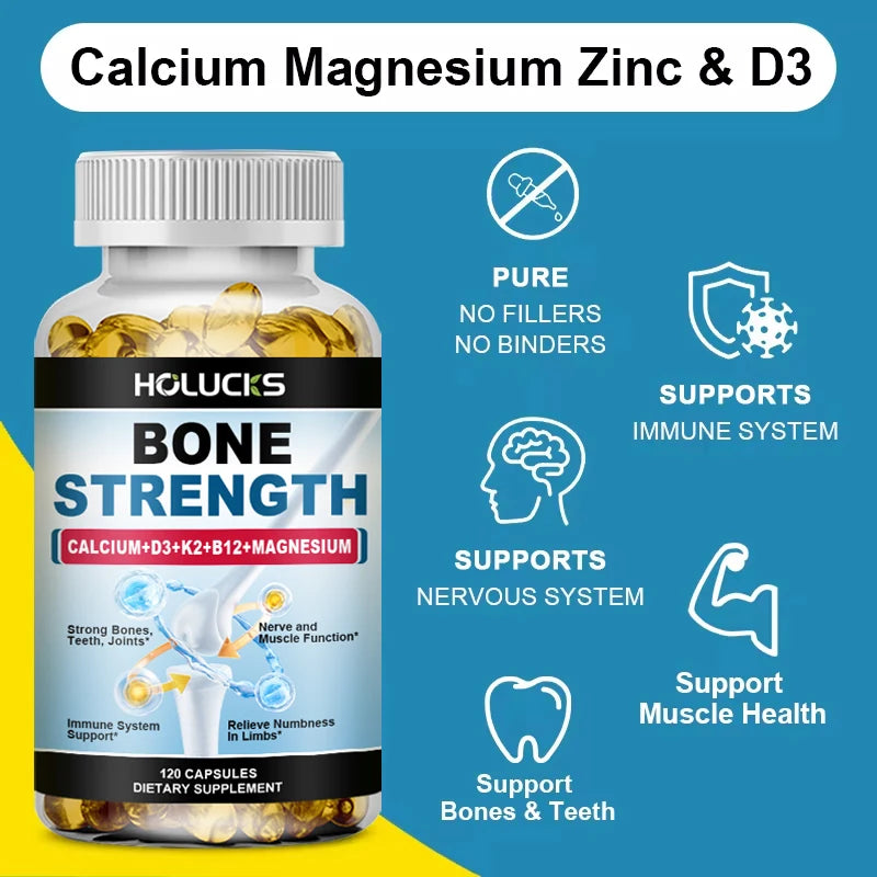Bone Strength Complex with Calcium, D3, K2 & Magnesium, Supports Healthy Bones, Joint Mobility & Muscle Function for Adults