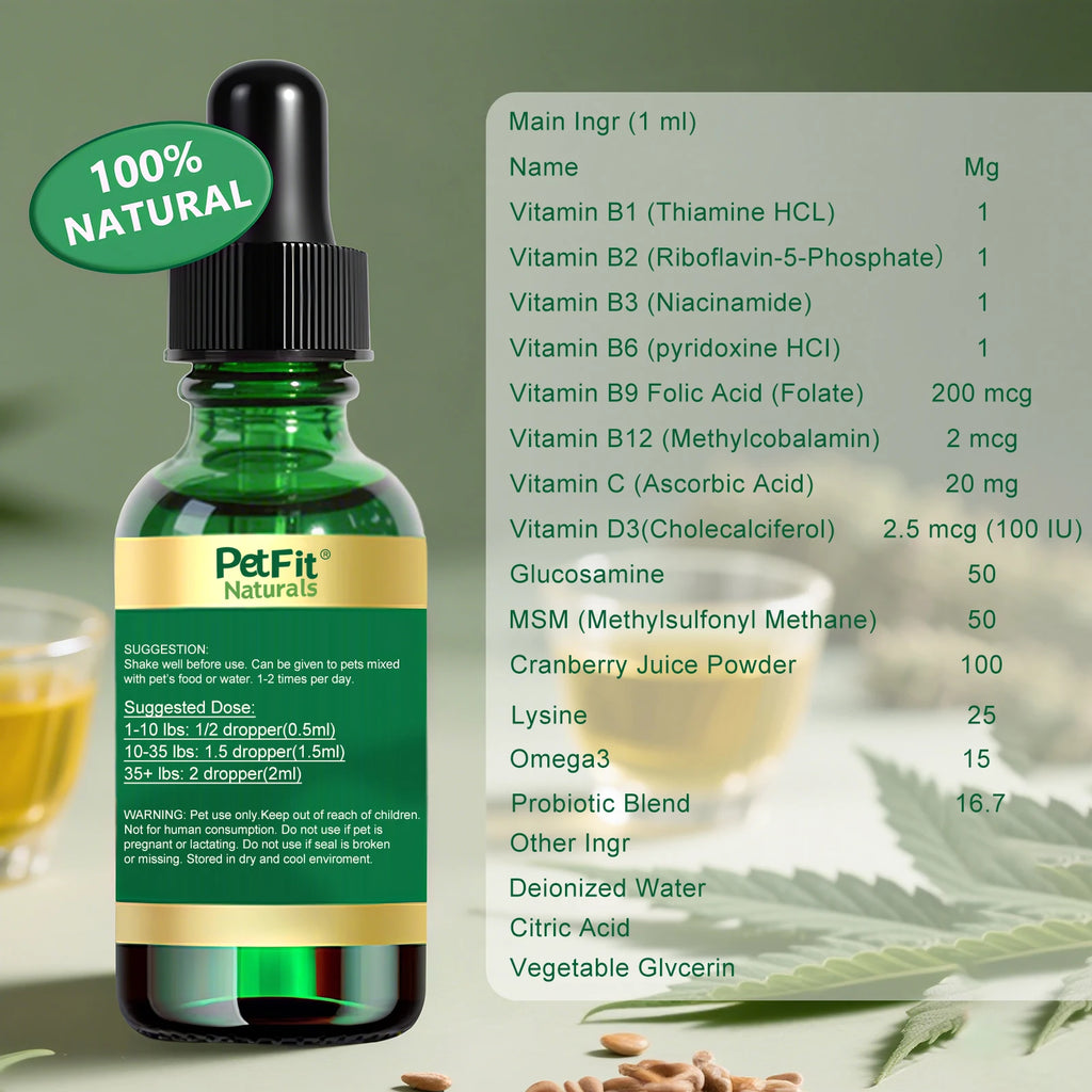 PetFit Naturals 2oz Liquid Cat Vitamins Lysine Probiotics Omega3 Supplement for Feline Kidney Immunity Skin Digestive Health