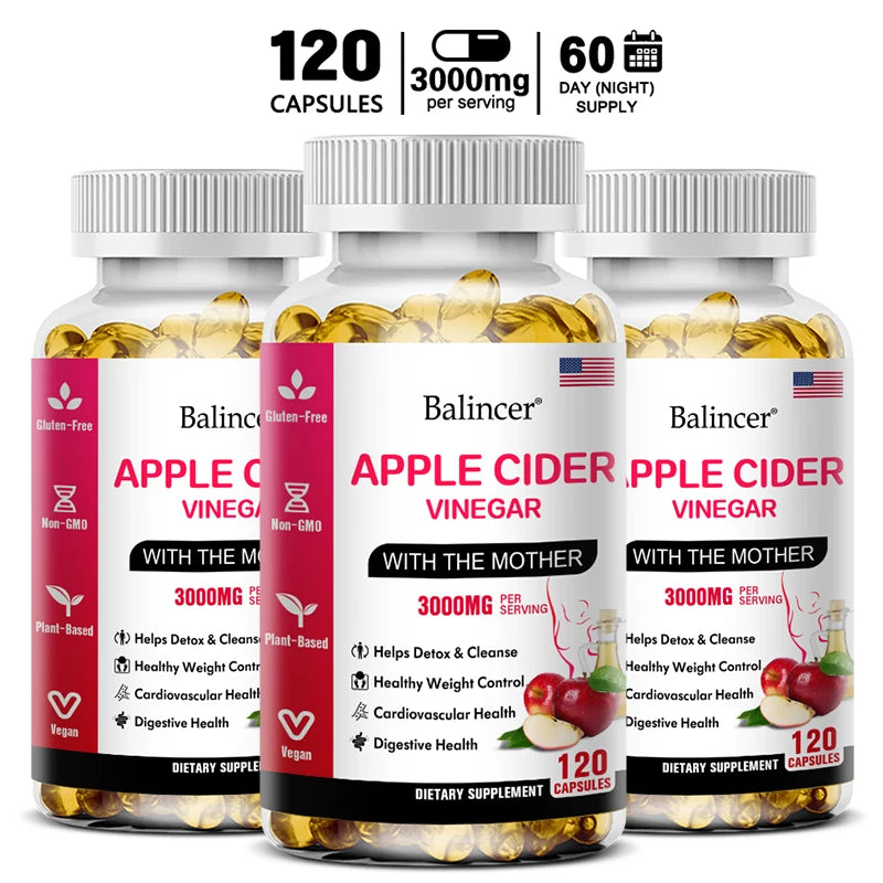 Balincer Apple Cider Vinegar Capsules 3000mg, Detox & Cleanse, Fat Burning, Healthy Weight Management Supplement Non-GMO